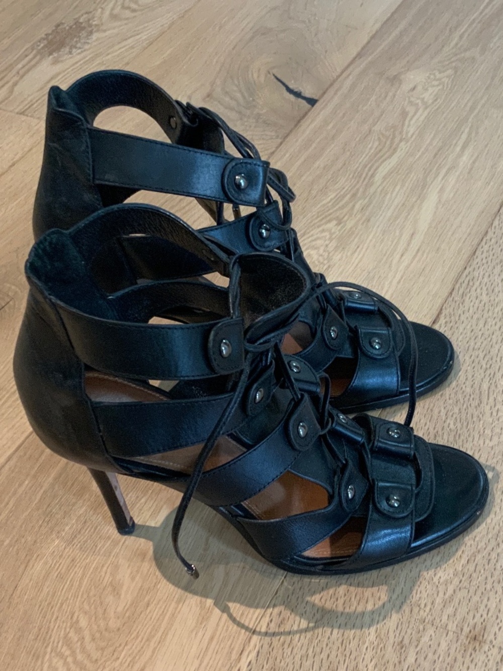 Coach NY Leslie Black Leather Gladiator Heels - Size 9B